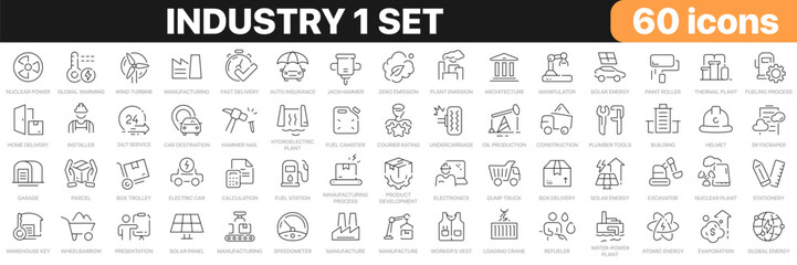 Poster - Industry 1 set line icons collection. Construction, manufacture, factory, energy, logistics, tools icons. UI icon set. Thin outline icons pack. Vector illustration EPS10