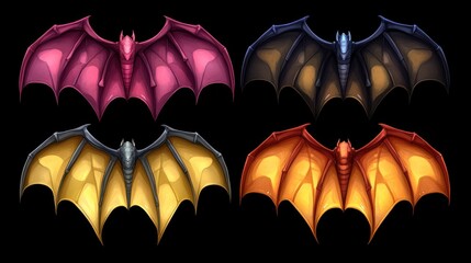 Canvas Print - Four colorful dragon wings on black background.