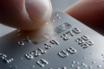 Wall Mural - braille letters embossed on a plastic credit card, with fingers reaching for the text.