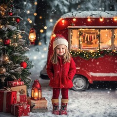 Smiling Caucasian girl in festive red outfit stands by a decorated caravan in winter wonderland.