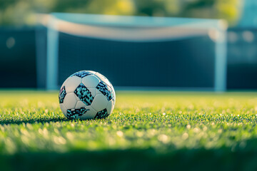 close-up of a soccer ball on green field in sunny day