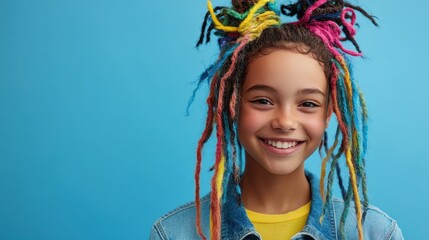 A teenage girl displays her colorful hair and a vibrant hair care product, smiling happily