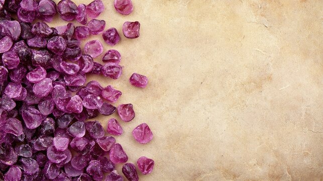 A textured vintage paper background showcasing vibrant violet candy pieces scattered artistically. Plenty of space for your text or design.