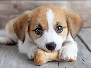 a playful puppy chewing on a bone, looking up with big, happy eyes as it enjoys its treat.