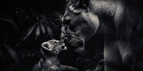 Poster - Mother Lion and Cub in Darkness