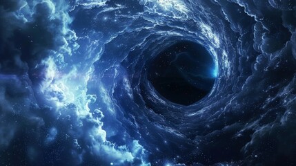 A mesmerizing cosmic vortex framed by ethereal blue clouds, capturing the vastness and mystery of the universe with an abstract sense of infinity and wonder.