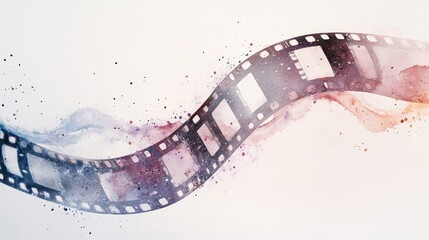 Poster - Watercolor splashes in muted tones envelop an S-shaped film strip, set against a minimalistic white background.