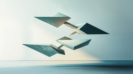 Poster - Abstract geometric shapes in shades of blue and gray floating against a minimalistic background emphasizing modern design and simplicity