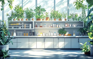 Engaging depiction of a scientific biology lab with an emphasis on plant studies, gene therapy, and biochemical elements, set against a white background