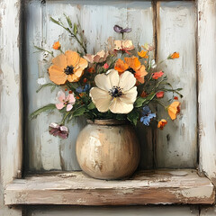 Timeless Oil Painting of Vibrant Spring Flowers in a Rustic Vase, Capturing the Essence of Nature's Beauty