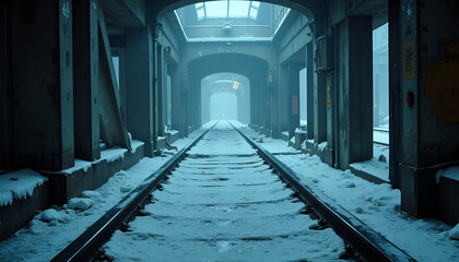 Desolate winter railway station with snow and foggy atmosphere