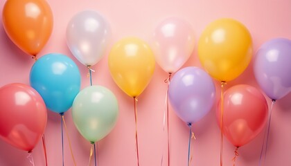 Colorful balloons in various shades against a pastel pink background for festive celebration