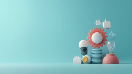 Poster - Innovative light bulb and gears arrangement on aqua background for creative concepts