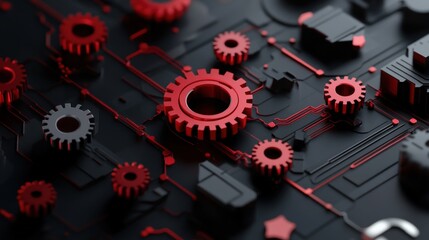 Poster - Intricate red and black gear mechanism representing advanced technology and engineering concepts