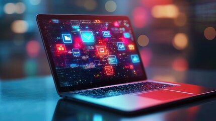 Poster - 3D render of a laptop with internet education icons, live webinar symbol, technology-enhanced online learning environment