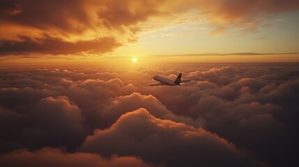 Poster - Airplane soaring above the clouds during sunset, symbolizing the freedom of travel