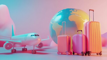 Poster - Colorful 3D render of a globe, airplane, and luggage icons representing global travel and holiday adventures in soft light