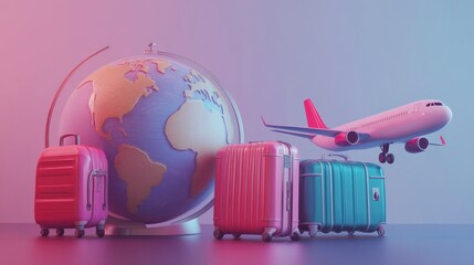 Poster - Colorful 3D render of a globe, airplane, and luggage icons representing global travel and holiday adventures in soft light