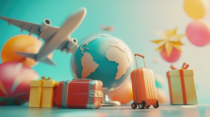 Poster - Colorful 3D render of a globe, airplane, and luggage icons representing global travel and holiday adventures in soft light