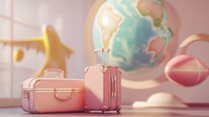 Poster - Colorful 3D render of a globe, airplane, and luggage icons representing global travel and holiday adventures in soft light