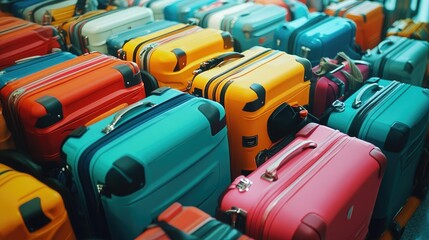 Poster - Colorful luggage in a bustling airport, symbolizing the thrill and mystery of journeys yet to begin