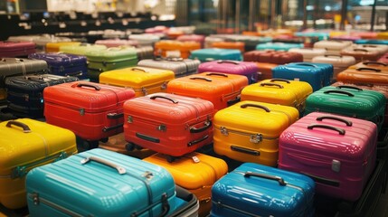 Poster - Colorful luggage in a bustling airport, symbolizing the thrill and mystery of journeys yet to begin