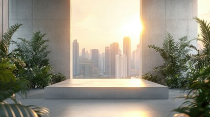Poster - Empty room with concrete podium, surrounded by plants and city skyline, softly illuminated from behind