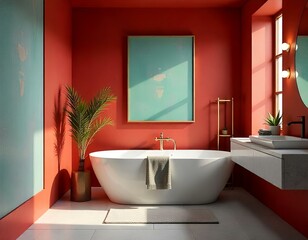 mid century scandinavian interior design of modern bathroom with colorful multicolored furniture