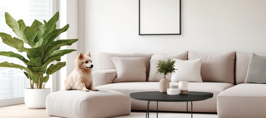 Adorable Dog Relaxing on an Elegant Sofa in Bright, Minimalist Living Room Design with Stylish Decor