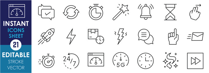 Poster - a set of line icons related to instant. speed, 5g, network, magic, hourglass, stopwatch, fast, flash