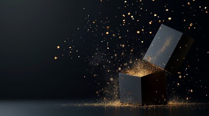 Poster - A mysterious black box opens, revealing a dazzling burst of golden particles in a darkened space