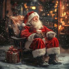 Santa Claus sitting in an armchair with snow.