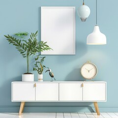 A white cabinet with two potted plants. a bird figurine. a clock. and two hanging light fixtures against a blue wall with a white frame mockup