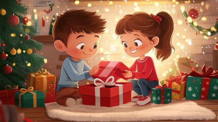 Happy boy and girl with gift box in holiday season.