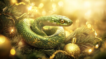 Poster - A green snake with a yellow eye is coiled around a Christmas tree with golden lights and ornaments. The snake's scales shimmer in the light.