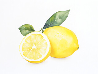 illustration watercolor style of fresh lemons with green leaves on white background evoke sense of brightness and freshness This artwork captures essence of citrus fruits perfectly