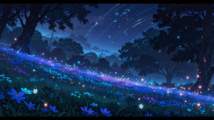 A dreamy night landscape featuring a meadow illuminated by glowing wildflowers