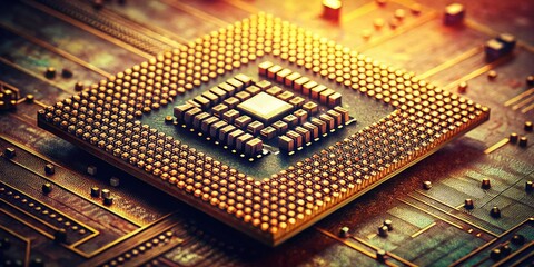 Poster - Vintage Style Die Shot of Cutting-edge CPU Microarchitecture with High Core Count Processor Chip