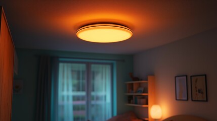 Round ceiling light emitting a soft, warm glow in a calm, cozy bedroom setting with muted tones