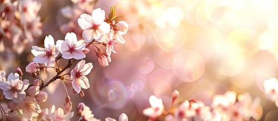 Wall Mural - A sunny spring day showcases cherry blossoms with a blurred background perfect for a copy space image