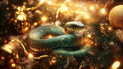 Poster - A green snake is coiled in a festive setting of gold Christmas ornaments, lights, and pine branches.