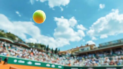 Close-up of a tennis ball in motion against a blurred background, capturing the dynamic atmosphere of a competitive tennis match.
