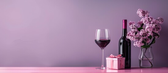 Wall Mural - Valentine s Day themed composition with a wine bottle glass and gift box against a lilac background with copy space image