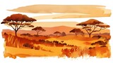 Watercolor illustration of savannah landscape with giraffe and acacia trees. Landscape of the desert. Watercolor sketch of safari. 