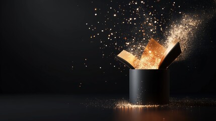 Poster - A magical black box bursting with sparkling gold light on a dark background, creating an enchanting visual display of wonder and excitement
