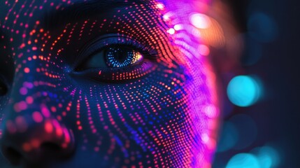 Poster - Illuminated Digital Face with Radiant Dots and Lines