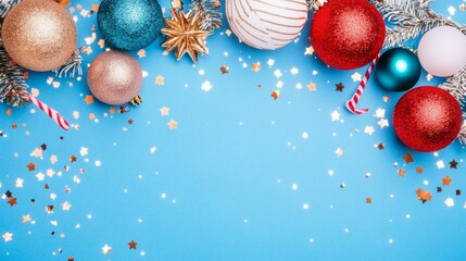 Festive Christmas ornaments with snowflakes on a vibrant blue background.