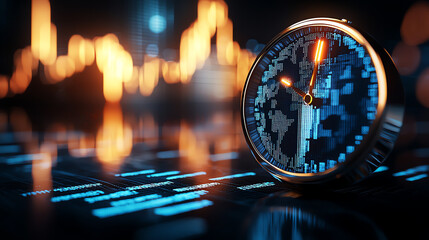 Clock and price chart, time-based forecast, economic cost, 3D illustration