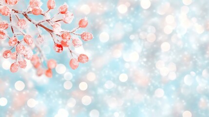 Wall Mural - snow-covered cherry tree branch with delicate blossoms against a blurred winter background.