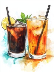 Wall Mural - Two glasses of iced tea with lemon